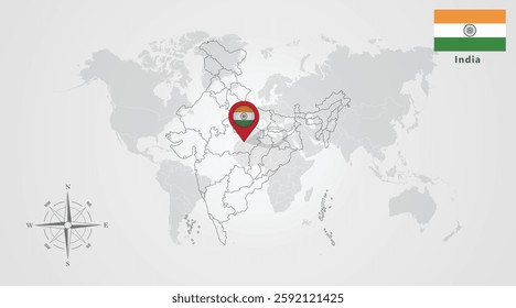 India  flag icon design with map outline, Template with the national flag and map 