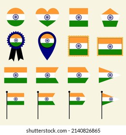 India flag icon set in 16 shape versions. Collection of India flag icons with square, circle, heart, triangle, medal, stamp and location shapes.