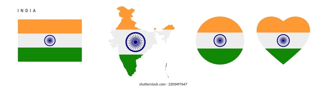 Juego de iconos de la bandera de la India. Indio de tendencia en colores y proporciones oficiales. Rectangular, en forma de mapa, en círculo y en forma de corazón. Ilustración vectorial plana aislada en blanco.