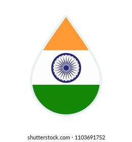 India flag icon. Water icon. Drop water. India badge. Flag drop.