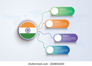 Indische Flagge mit Infografik Design einzeln auf Dot World Karte. Vektorgrafik.
