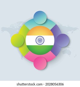 India Flag with Infographic Design isolated on World map. Vector illustration.