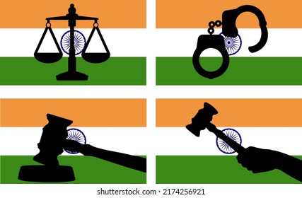 Bandera de la India con silueta vectorial de la justicia, martillo de gavel del juez y escalas de justicia y silueta de esposas en la bandera del país, concepto de derecho de la India, activo de diseño, idea de libertad