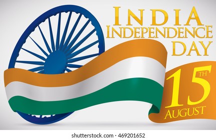 India flag like ribbon around Ashoka Wheel (justice symbol) and reminder for Independence Day in August 15.