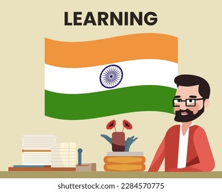 India flag with a male teacher, learning or teaching India language, bearded man with glasses and country flag vector design, language school concept