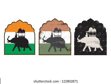 India flag with a man riding an elephant silhouette, vector