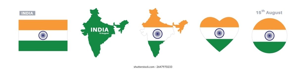 india flag and map set. india flag in official colors and proportions. independence day 15 august, map, circle and heart shaped india	
