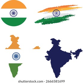 Bandera de la India y conjunto de mapas. Bandera de la India en colores y proporciones oficiales. Mapa, círculo y pincel en forma de India