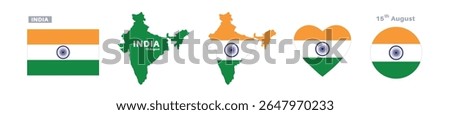 india flag and map set. india flag in official colors and proportions. independence day 15 august, map, circle and heart shaped india	
