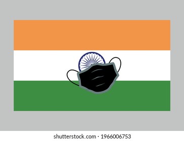 India flag with medical mask. Coronavirus pandemic in India