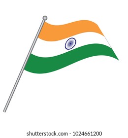 India flag. The national flag of India on a pole. The waving flag. The sign and symbol of the country. Realistic vector on white.