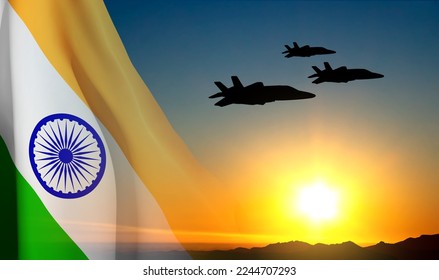 India flag on a background the sunset with military aircraft. EPS10 vector