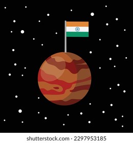 india flag on mars, abstract orange planet in black background, vector illustration 