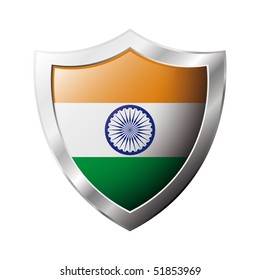 India flag on metal shiny shield vector illustration. Collection of flags on shield against white background. Abstract isolated object.