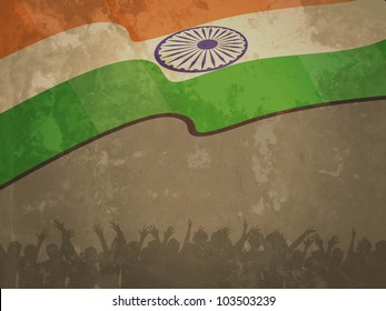 India flag on old textured paper background with flag and silhouettes of people for Republic Day and Independence Day and other occasions. Vector illustration. EPS 10.
