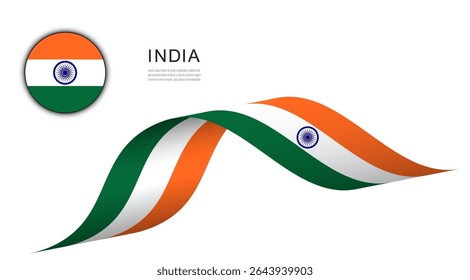 Bandeira da Índia em fita ondulada e botão de círculo, ilustração de design de vetor de bandeiras indianas.