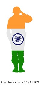 India flag over saluting army soldier vector silhouette illustration isolated on white background.  Memorial veterans day, Independence day. Asian country military member on duty. India soldier emblem