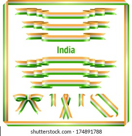 India flag, ribbon, bow and frame set in vector on white background isolated