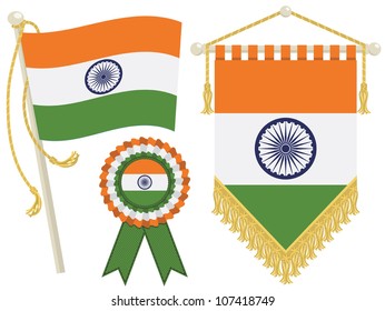 india flag, rosette and pennant, isolated on white