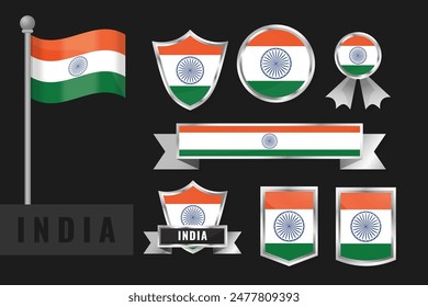 India flag set. Collection of Indian national emblems. Flat design of flags collection.