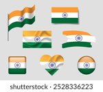 India flag set of icons. Vector flag of India symbol. Set of Indian flags button, brush, waved, heart.