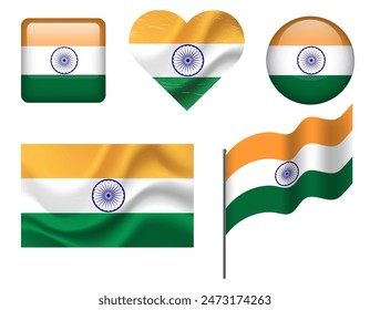 India flag set of icons. Vector flag of India symbol. Set of Indian flags button, waved, heart.