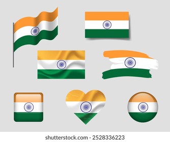 India flag set of icons. Vector flag of India symbol. Set of Indian flags button, brush, waved, heart.