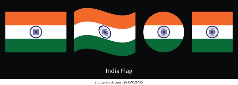 India Flag Set with Waving, Circle and Rectangle Shapes Vector Illustration