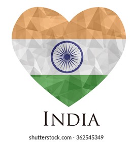 India flag shape heart in geometric rumpled triangular low poly origami style graphic illustration,mosaic polygonal style.Symbol of love to country.Retro or vintage style background.