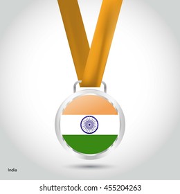 India Flag in Silver Medal. Vector Illustration. RIO Olympic Game silver Medal. Vector Illustration