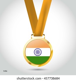 India Flag in Silver Medal. Vector Illustration. RIO Olympic Game gold Medal. Vector Illustration