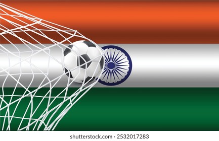 India flag with a soccer ball in a net. Soccer goal. Vector illustration.