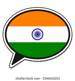 India flag speech bubble sticker on white background. Vintage vector badge. Template design element. Travel sign. Symbol of Independence Day, souvenir sport game, button language, icon.