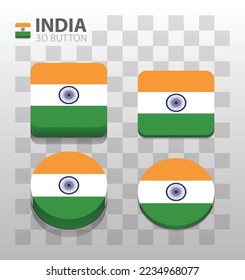 Bandera de la India. Botón 3d cuadrado y redondeado. Vector