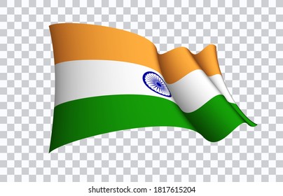 India flag state symbol isolated on background national banner. Greeting card National Independence Day of the Republic of India. Illustration banner with realistic state flag.
