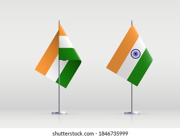 India flag state symbol isolated on background national banner. Greeting card National Independence Day of the Republic of India. Illustration banner with realistic state flag.