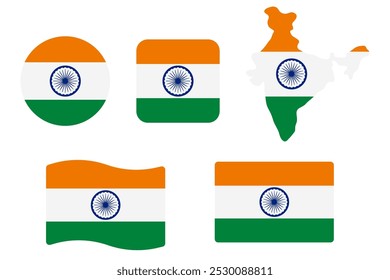 India flag symbols set. Orange, white and green colors with Ashoka Chakra. Round, square, waving rectangle and Indian map shape vector banner. New Delhi symbol.