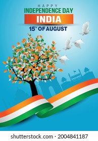 India flag with tree and flying pigeon. vector illustration of 15th August India Happy Independence Day