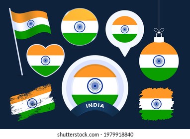 india flag vector collection. big set of national flag design elements in different shapes for public and national holidays in flat style.