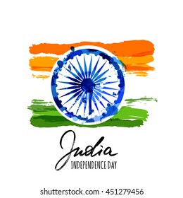 India flag vector isolated illustration with hand drawn calligraphy lettering. India Independence Day watercolor background. Holiday poster with blue ashoka wheel. Design for banner or greeting cards.