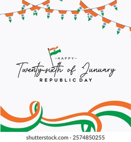 India flag waving ribbon panoramic illustration with 26th of January greeting lettering, stripes, and bunting decoration on a white background. Vector design. 