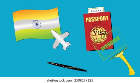 India flag with white plane icon. Passport with visa approved stamp. Black stylish Pen. Indian Travel poster. Editable vector EPS available