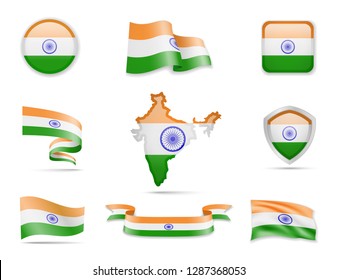 India flags collection. Flags and outline of the country. Vector illustration