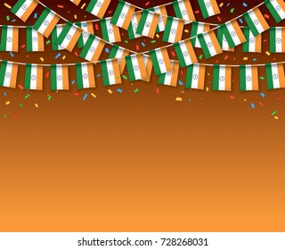 India flags garland Dark background with confetti, Hang bunting for Indian independence Day celebration template banner, Vector illustration