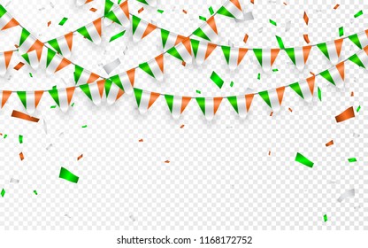 India flags garland white background with confetti, Hang bunting for India national Day celebration template banner, Vector illustration.