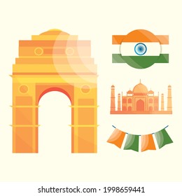india flags and landmark gate temple set