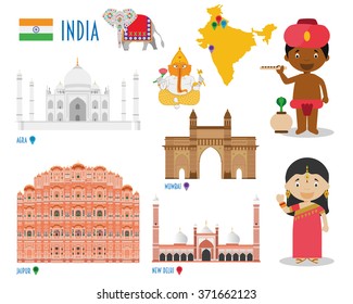 India Flat Icon Set Travel and tourism concept. Vector illustration