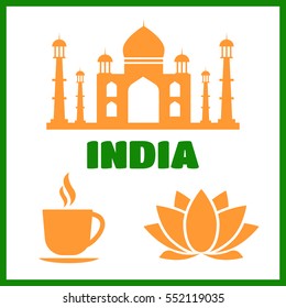 India flat icons with national landmarks. India sign