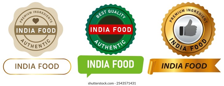 India comida cocina tradicional restaurante ingredientes de primera calidad sabroso sello insignia de colores etiqueta etiqueta emblema diseño de la cinta icono conjunto colección