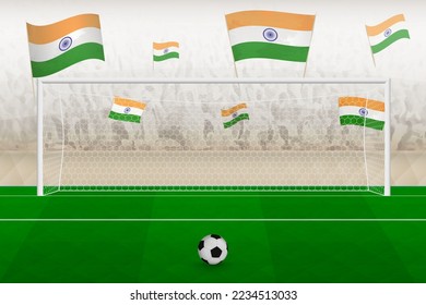 India football team fans with flags of India cheering on stadium, penalty kick concept in a soccer match. Sports vector illustration.